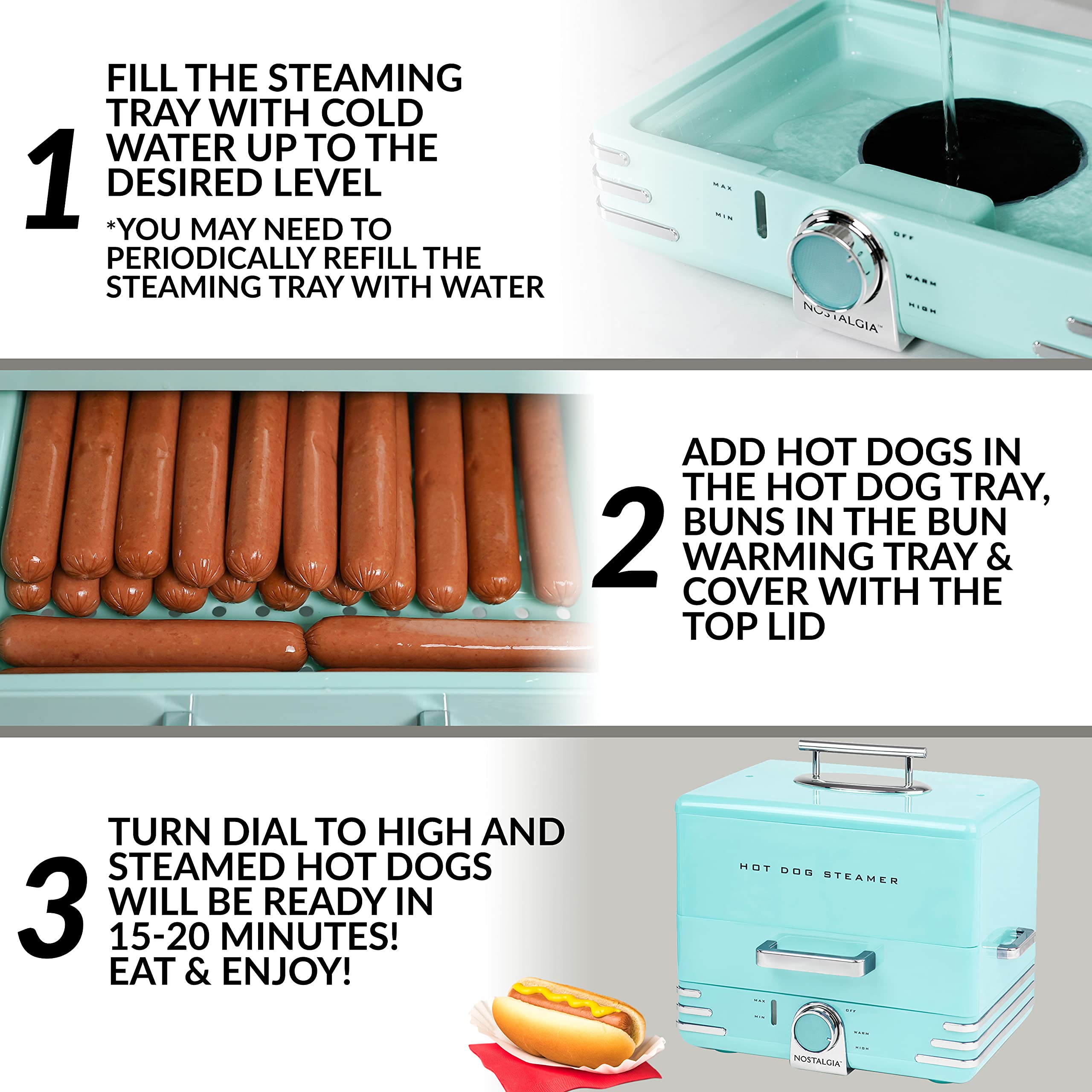 Nostalgia Extra Large Diner-Style Steamer, 20 Hot Dogs And 6 Bun Capacity, Perfect For Breakfast Sausages, Brats, Vegetables, Fi